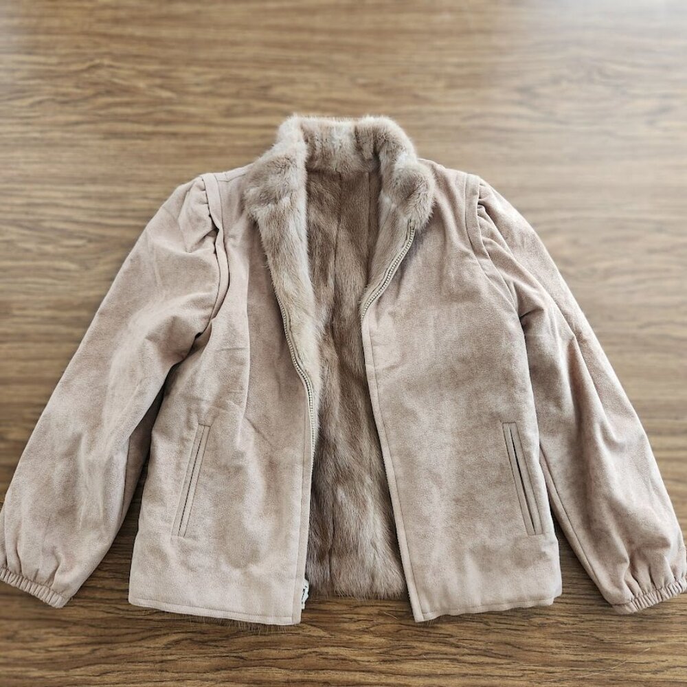 VINTAGE Fur Coat JACKET Suede REVERSIBLE Size Medium Brown Zipper Zippered Women